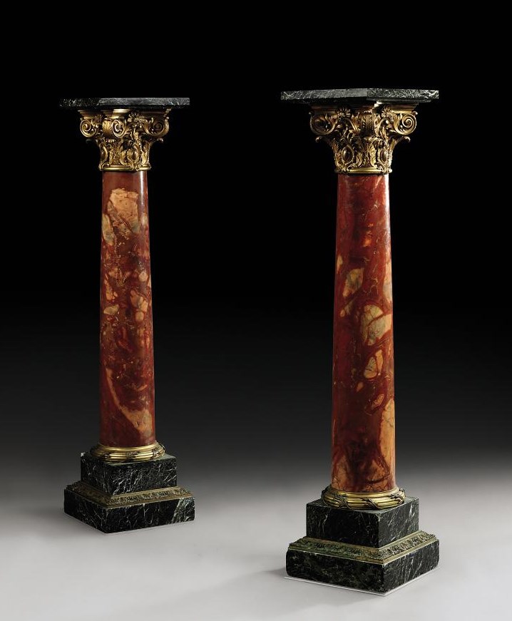 A PAIR OF NAPOLEON III ORMOLU-MOUNTED BRECHE DE VIMINE AND VERT MAURIN MARBLE PEDESTALS