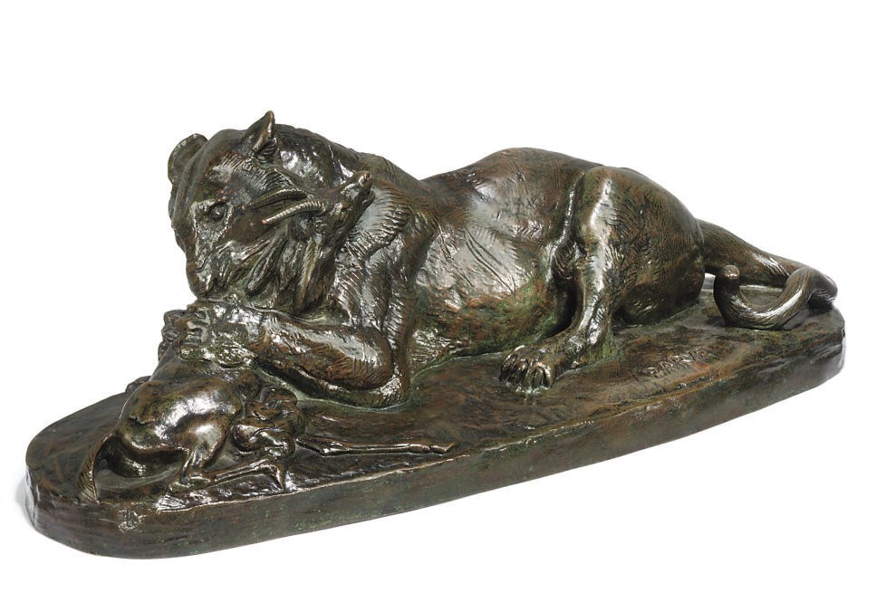 A FRENCH BRONZE GROUP ENTITLED 'TIGRE DEVORANT UNE GAZELLE (PREMIERE VERSION)'