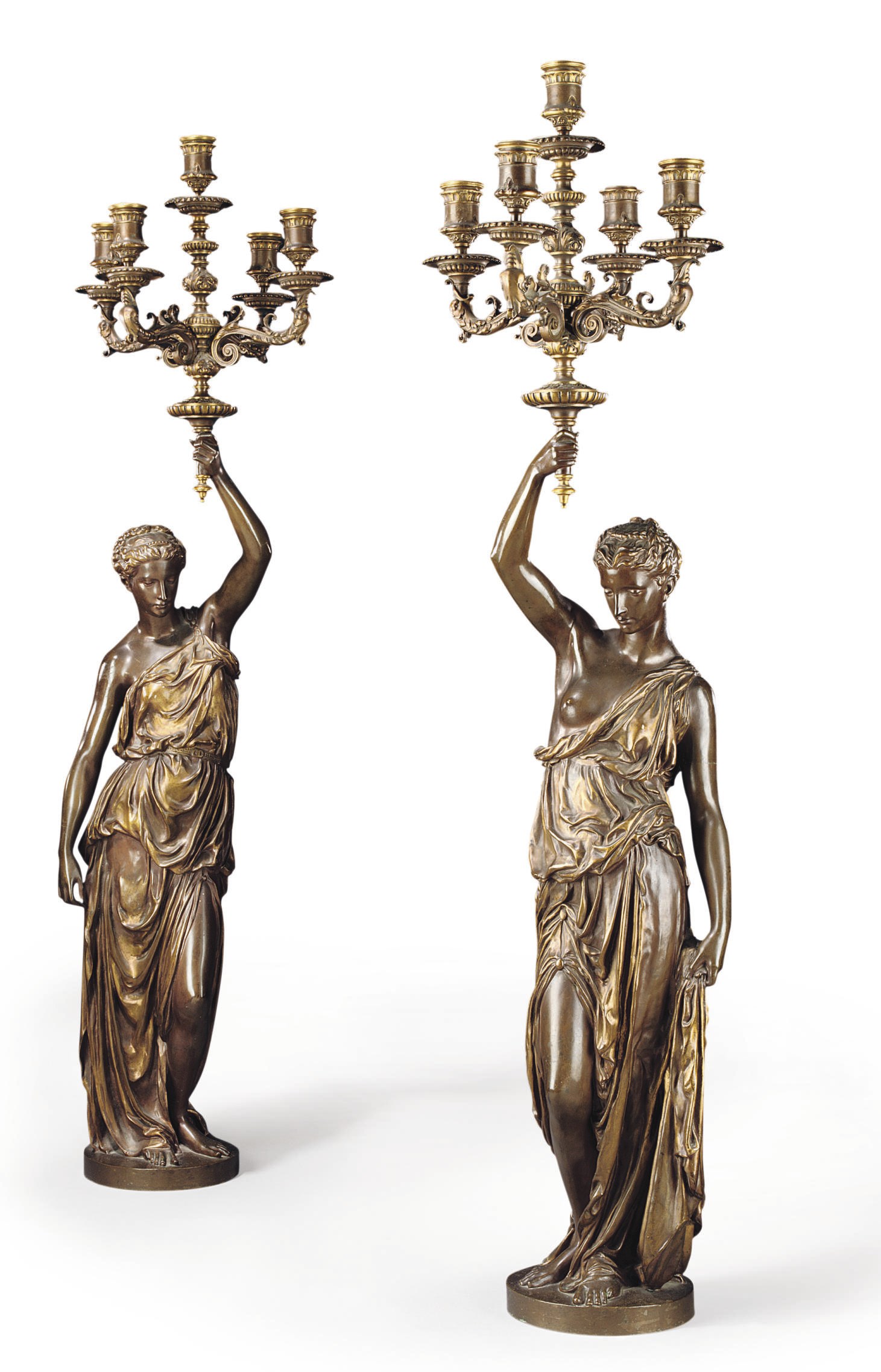 A PAIR OF FRENCH GILT AND PATINATED BRONZE FIGURAL FIVE-LIGHT CANDELABRA