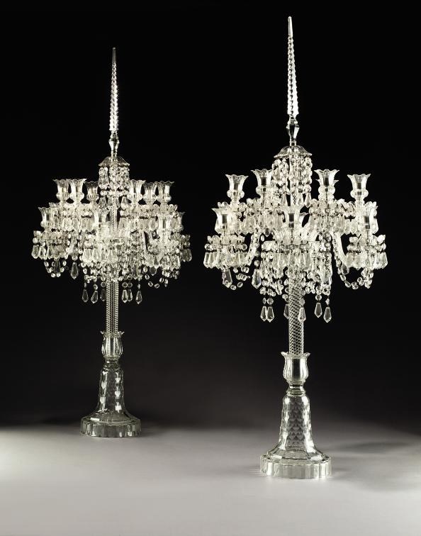 A PAIR OF ENGLISH CUT GLASS TWELVE-LIGHT CANDELABRA