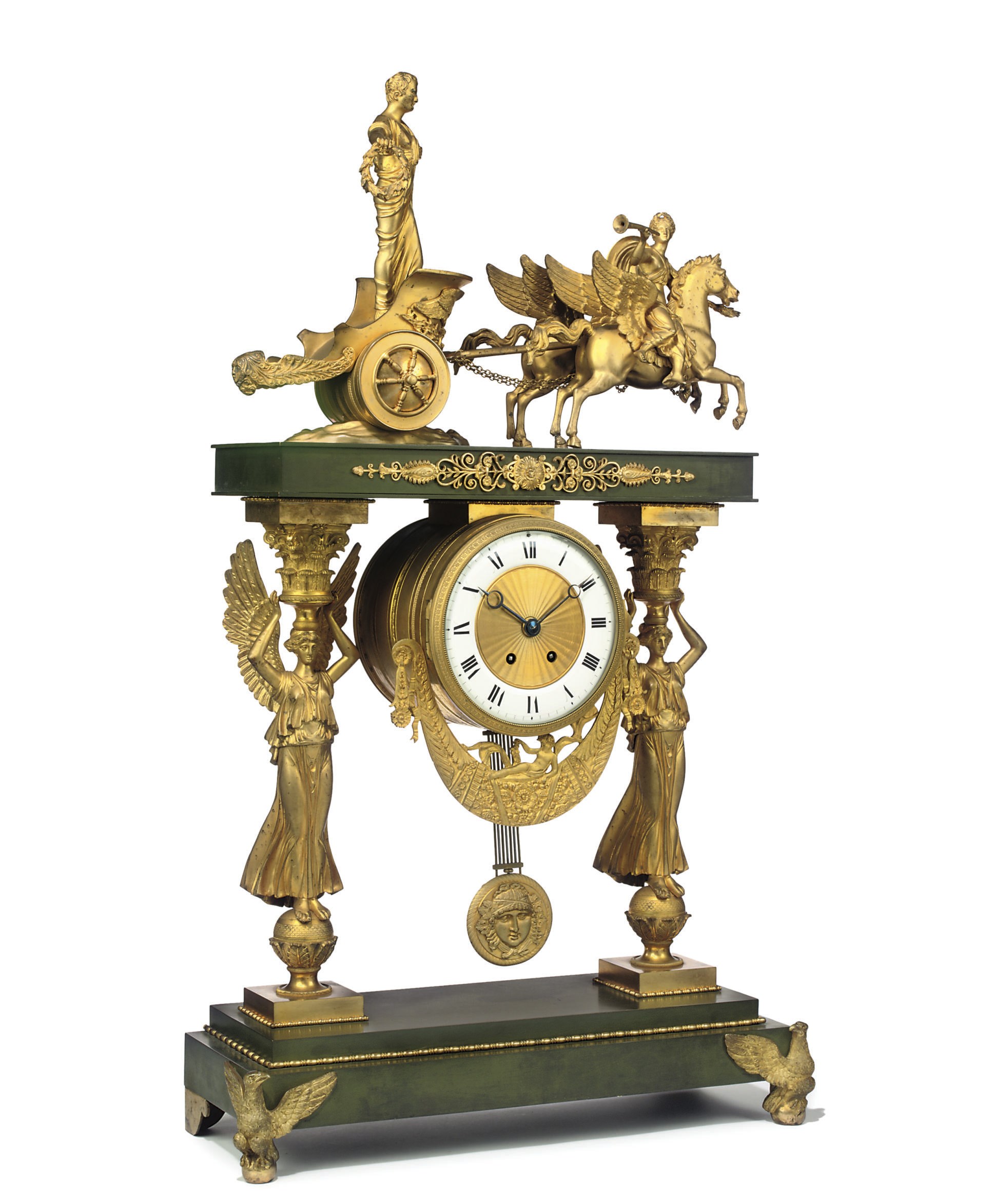 A FRENCH ORMOLU AND PATINATED BRONZE MANTEL CLOCK