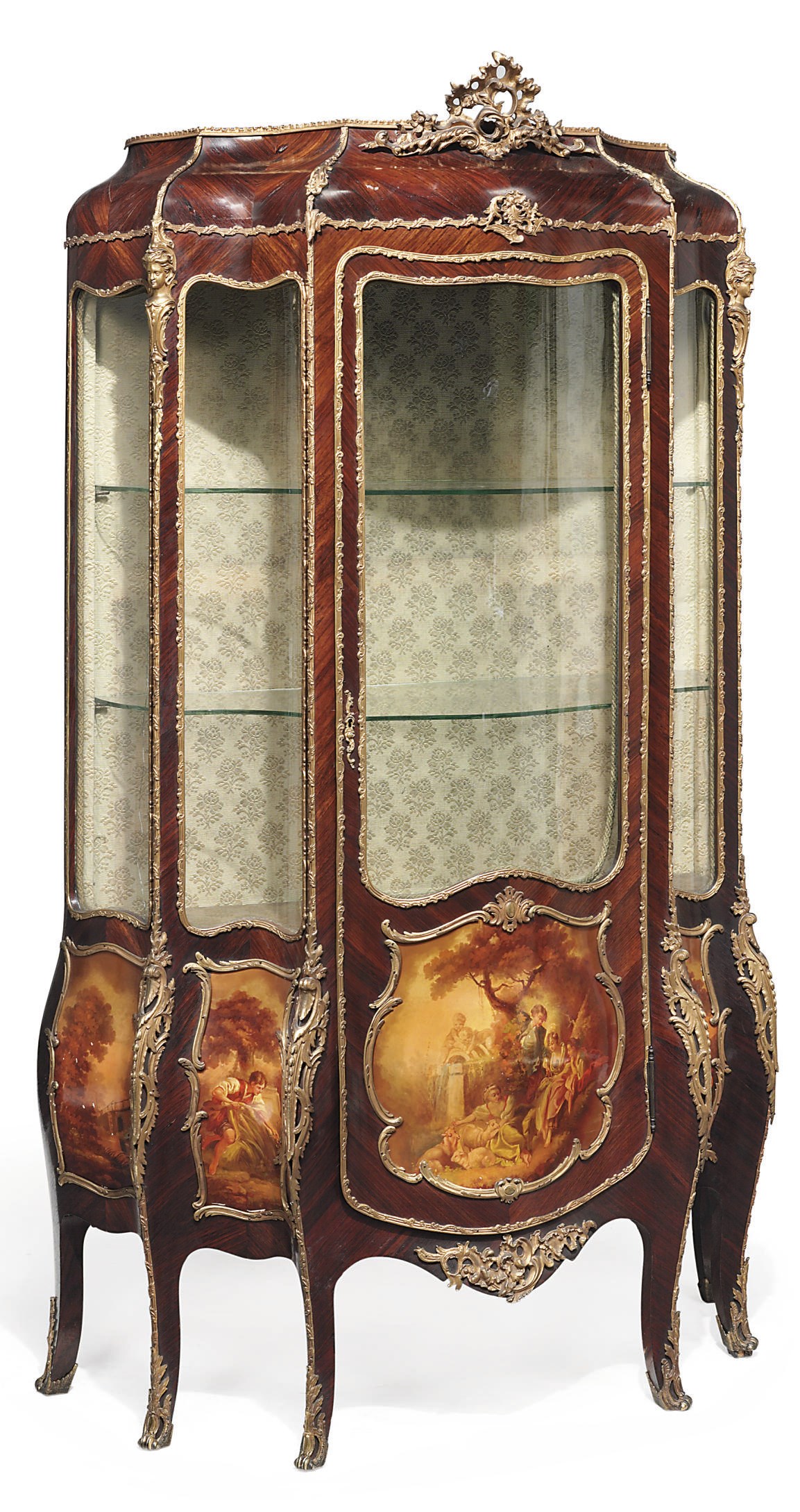 A FRENCH ORMOLU-MOUNTED KINGWOOD AND VERNIS MARTIN BOMBE VITRINE