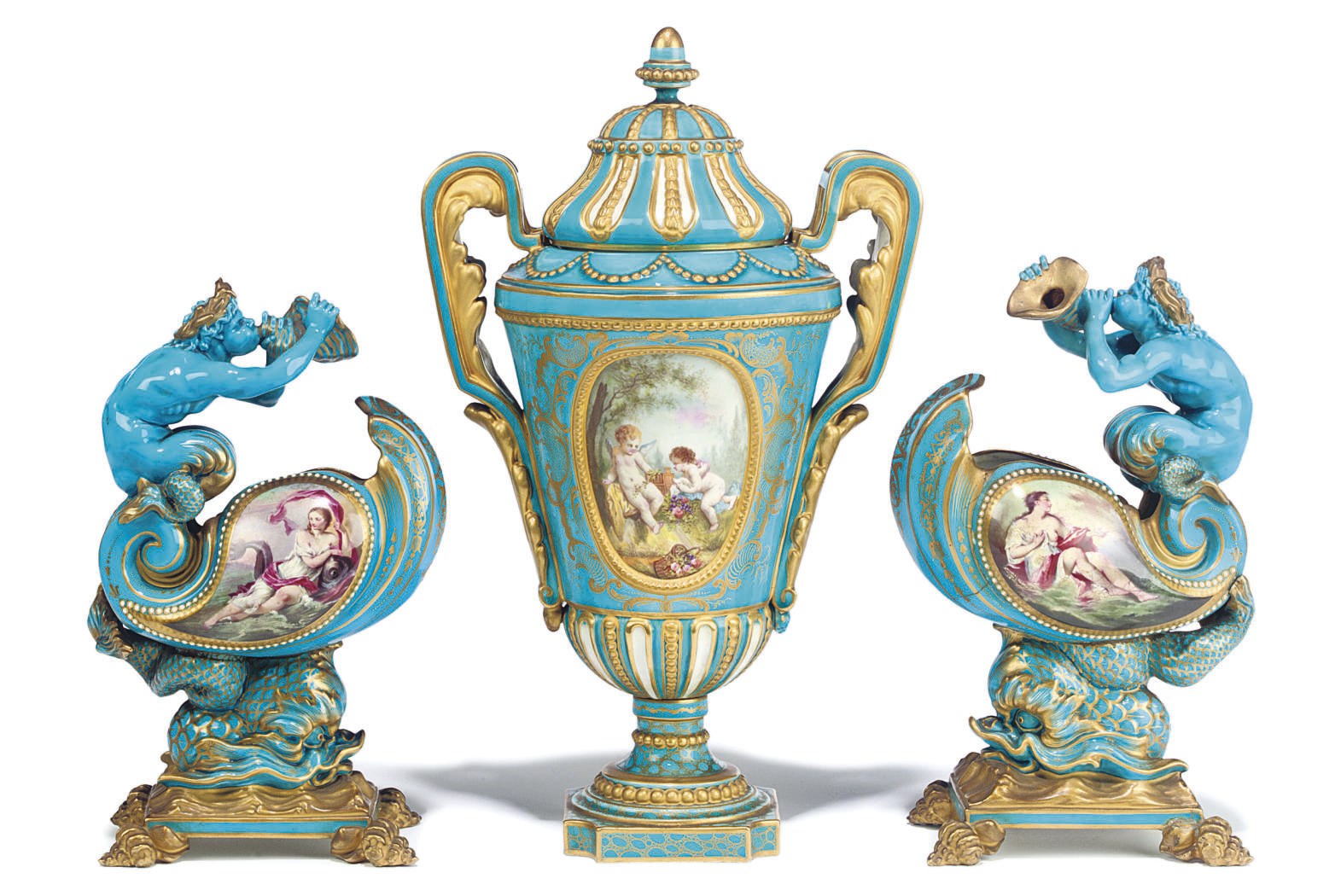 AN ASSEMBLED SEVRES STYLE TURQUOISE GROUND THREE-PIECE GARNITURE