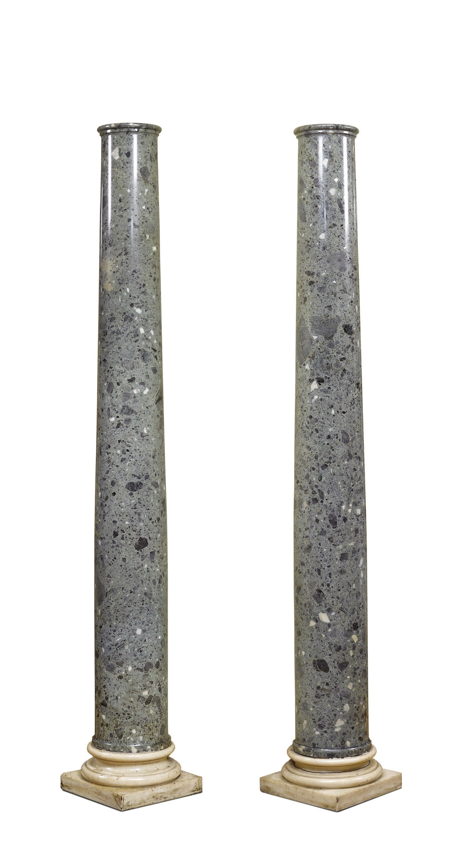 A PAIR OF ITALIAN VERDE ANTICO AND CARRARA MARBLE COLUMNS