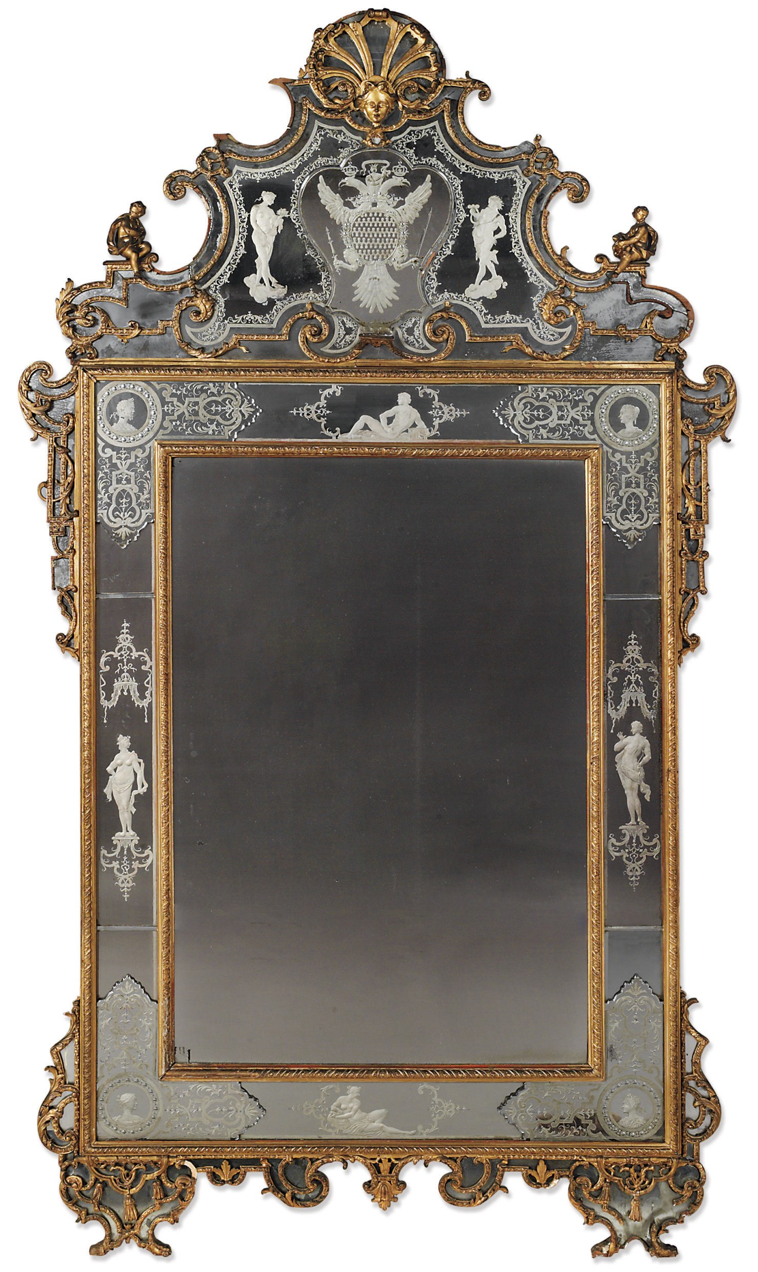 A NORTH ITALIAN GILTWOOD AND ETCHED GLASS MIRROR