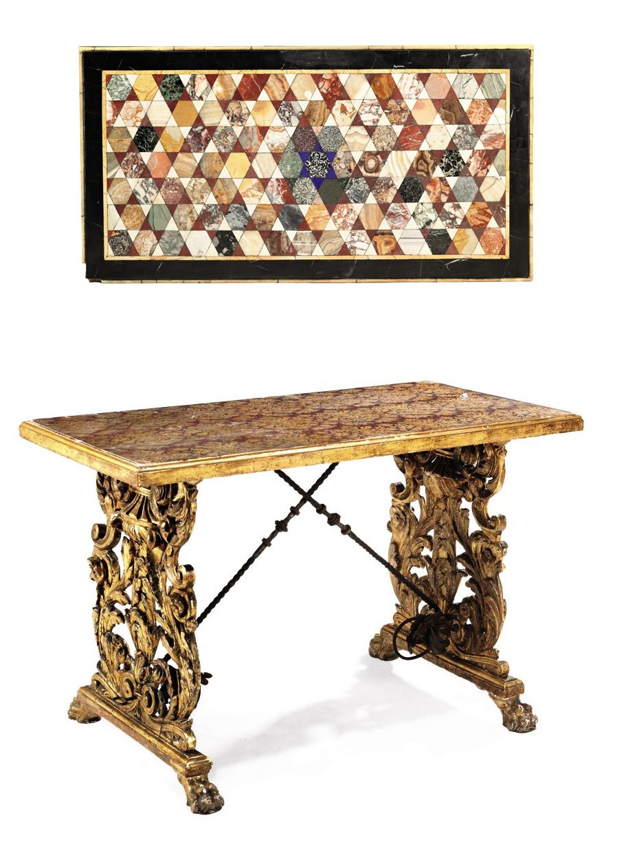A SOUTH ITALIAN GILT-VARNISHED-SILVERED 'MECCA' TRESTLE-TABLE WITH SPECIMEN MARBLE TOP