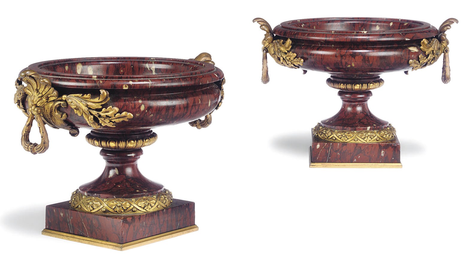 A PAIR OF FRENCH ORMOLU-MOUNTED ROUGE GRIOTTE MARBLE TAZZE