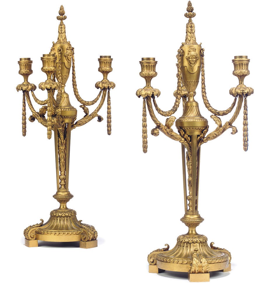 A PAIR OF FRENCH ORMOLU THREE-LIGHT CANDELABRA