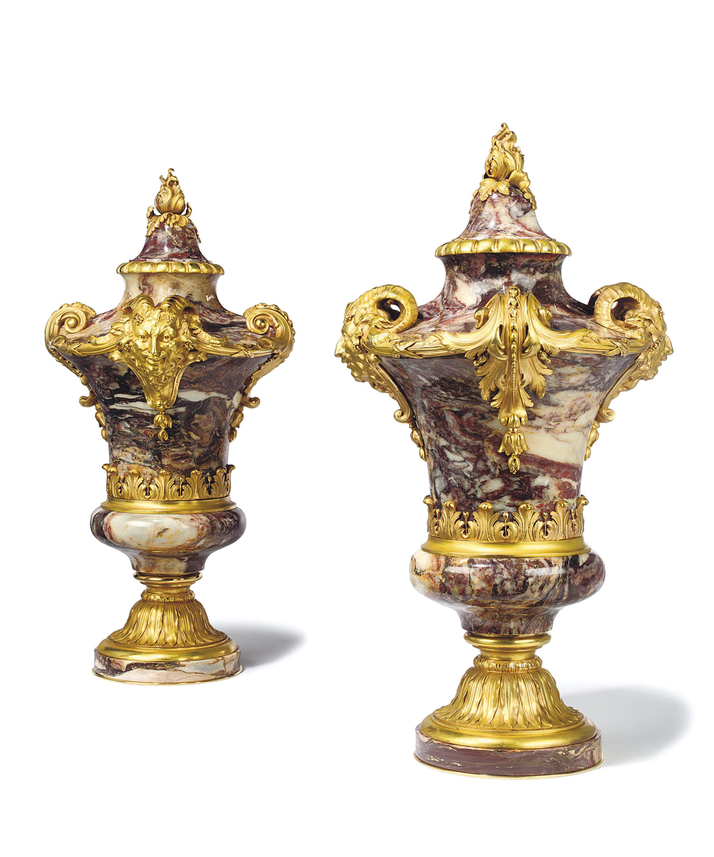 A PAIR OF FRENCH ORMOLU-MOUNTED PINK MARBLE VASES AND COVERS