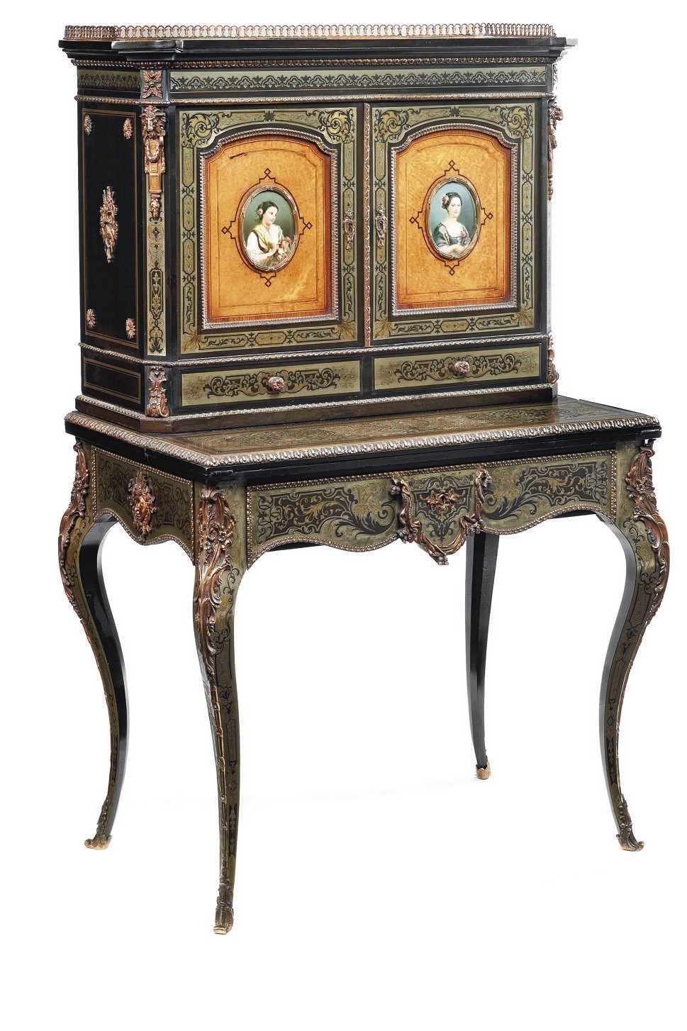 AN ENGLISH ORMOLU AND PORCELAIN-MOUNTED CUT BRASS AND PEWTER-INLAID EBONY AND BURR AMBOYNA BONHEUR-DU-JOUR