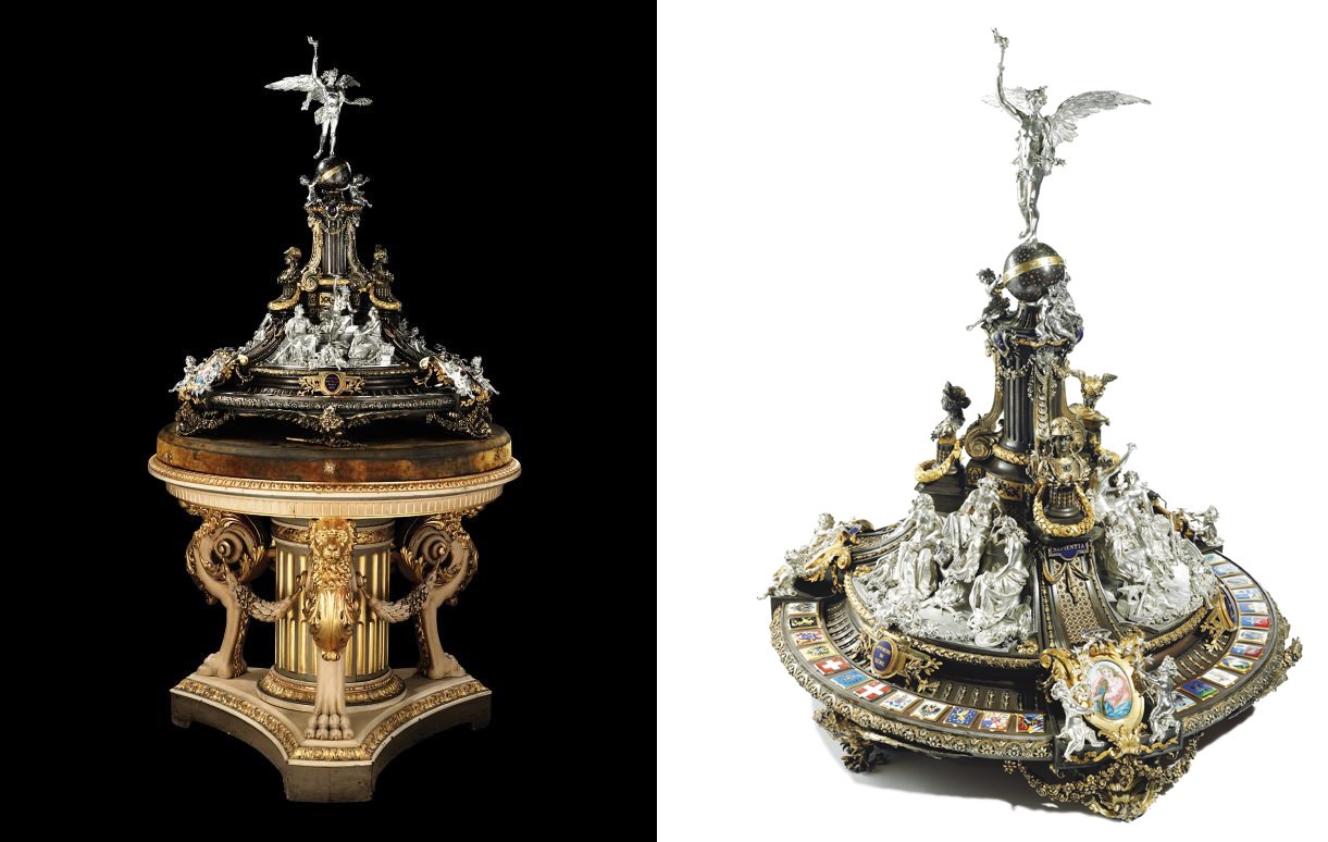 A MONUMENTAL ITALIAN ENAMEL, SILVER, GILT AND PATINATED BRONZE CENTREPIECE, ON A PARCEL-GILT AND PAINTED WOODEN STAND