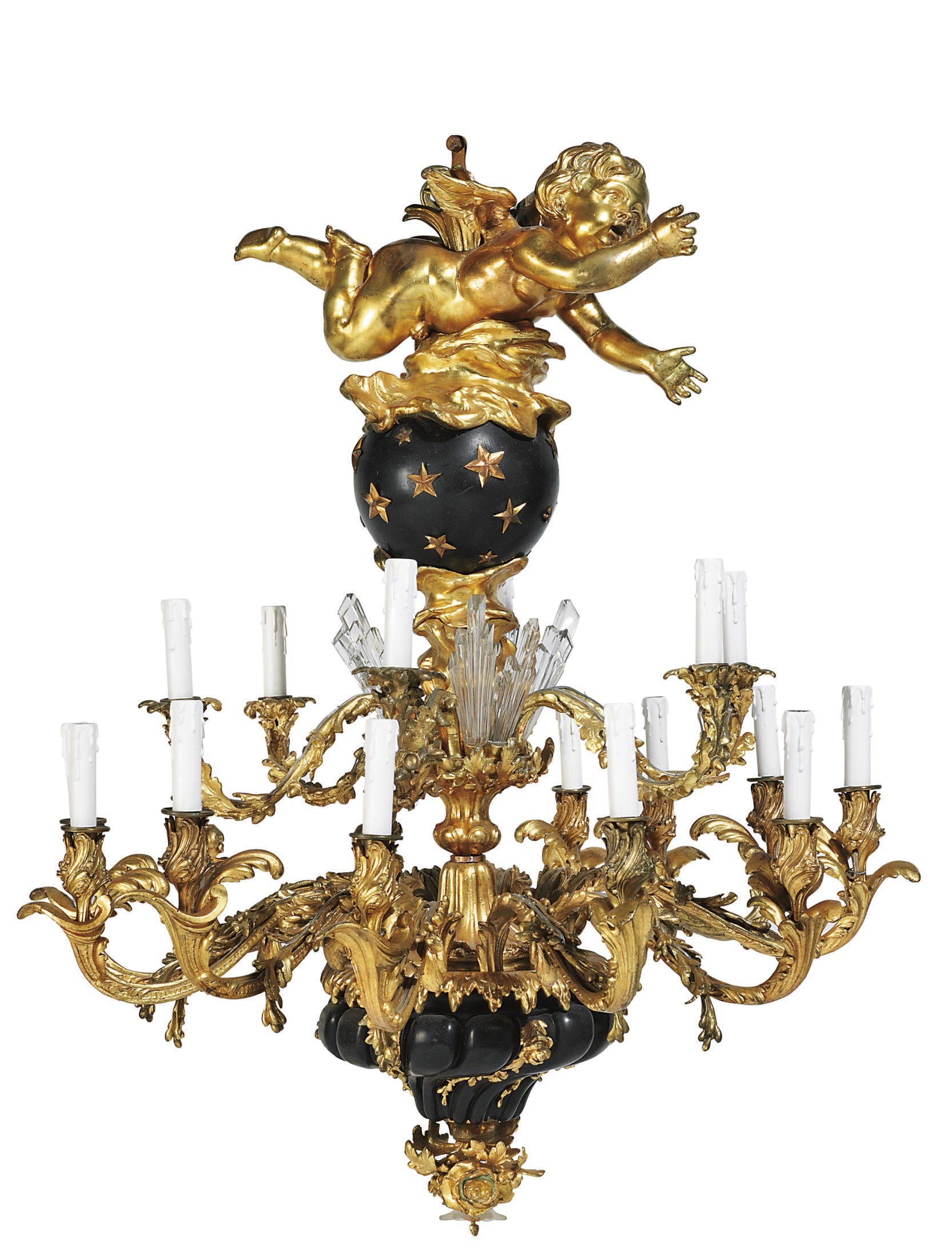 A FRENCH ORMOLU AND BLUED-METAL EIGHTEEN-LIGHT CHANDELIER