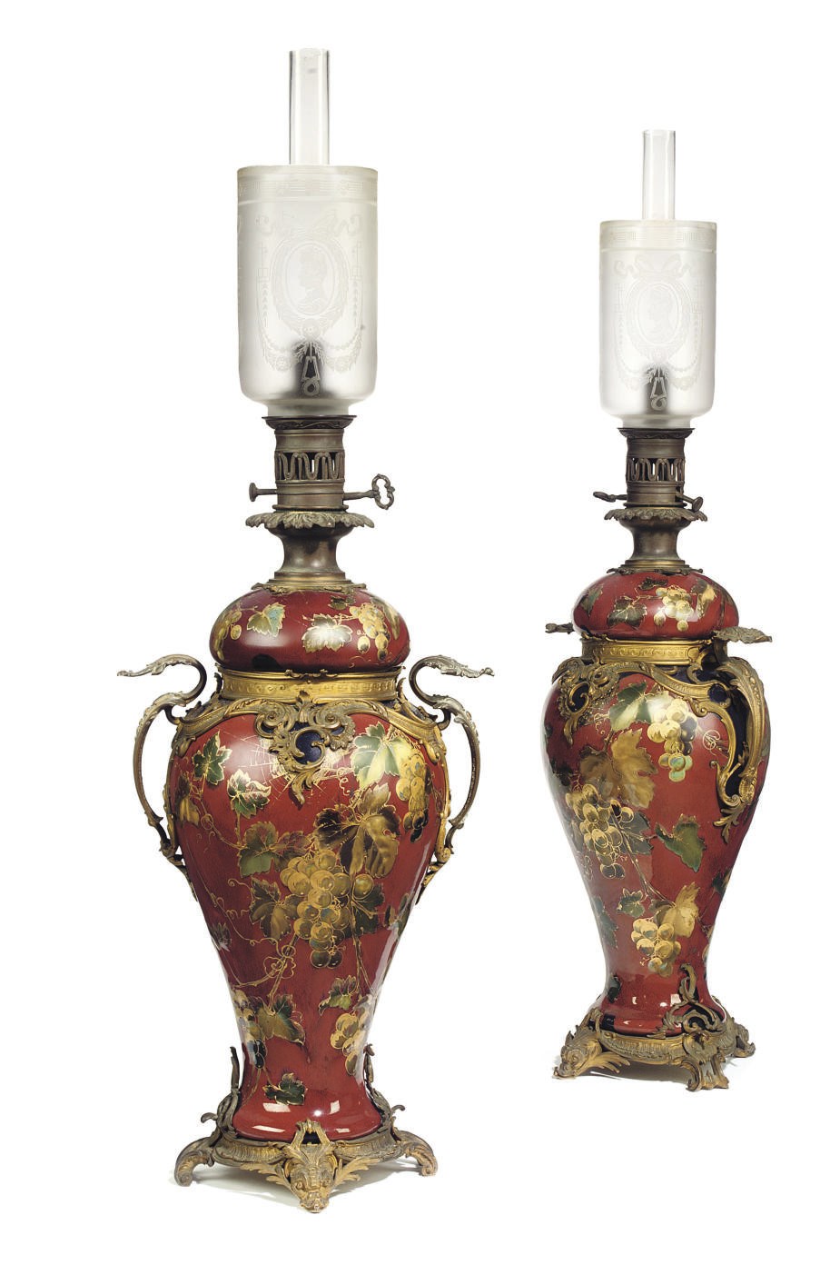 A PAIR OF ORMOLU-MOUNTED RUBY GROUND PORCELAIN VASES, AS OIL-LAMPS