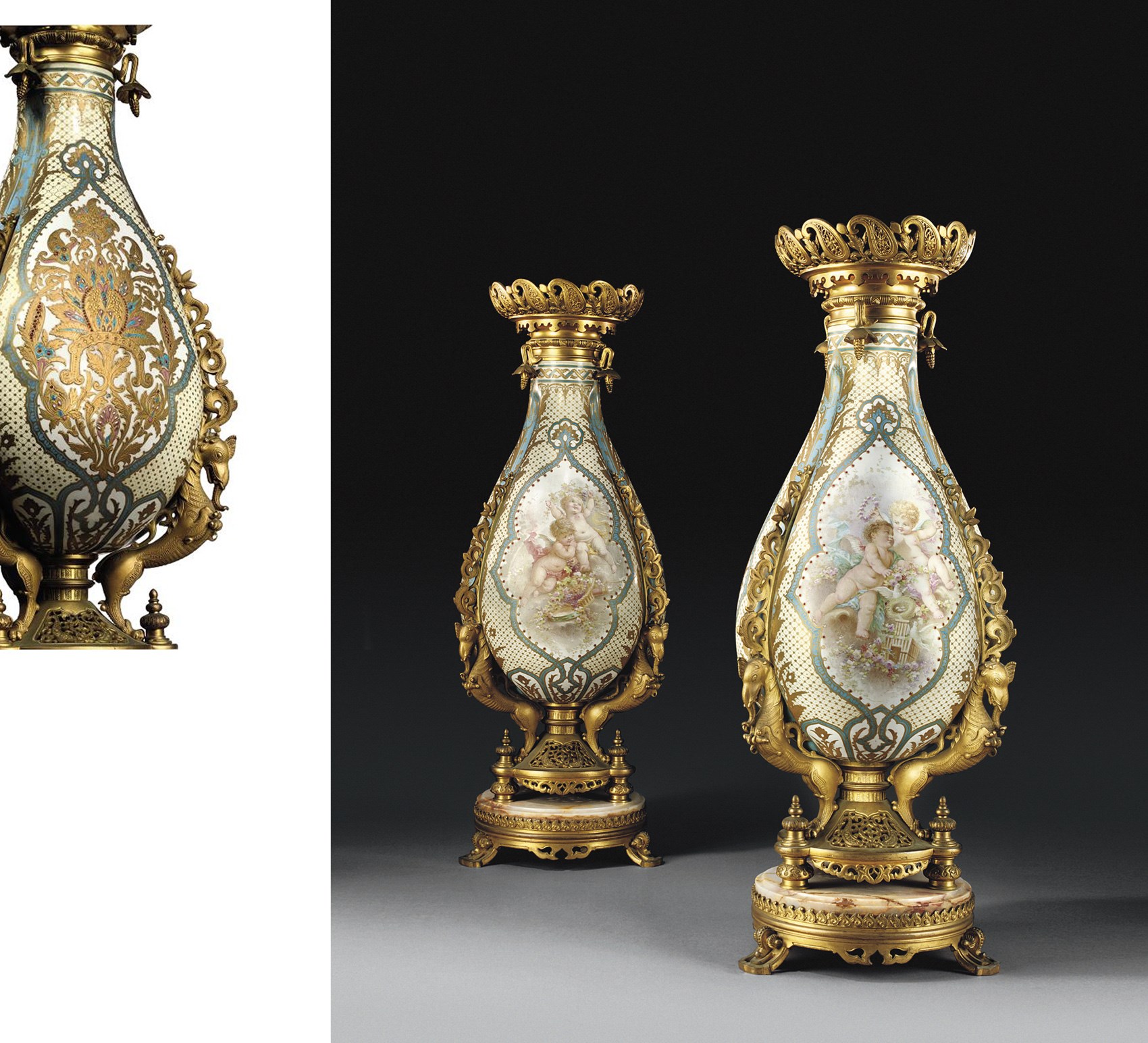 A PAIR OF FRENCH ORMOLU AND ONYX-MOUNTED SEVRES STYLE IVORY AND TURQUOISE GROUND PORCELAIN VASES