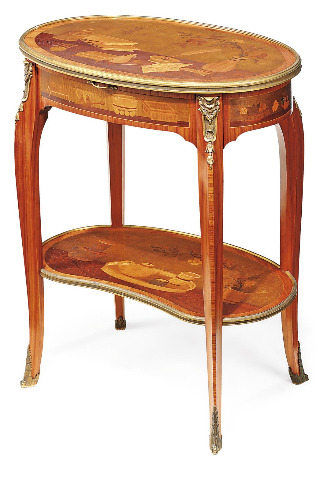 A FRENCH ORMOLU-MOUNTED KINGWOOD AND FRUITWOOD MARQUETRY TABLE A ECRIRE