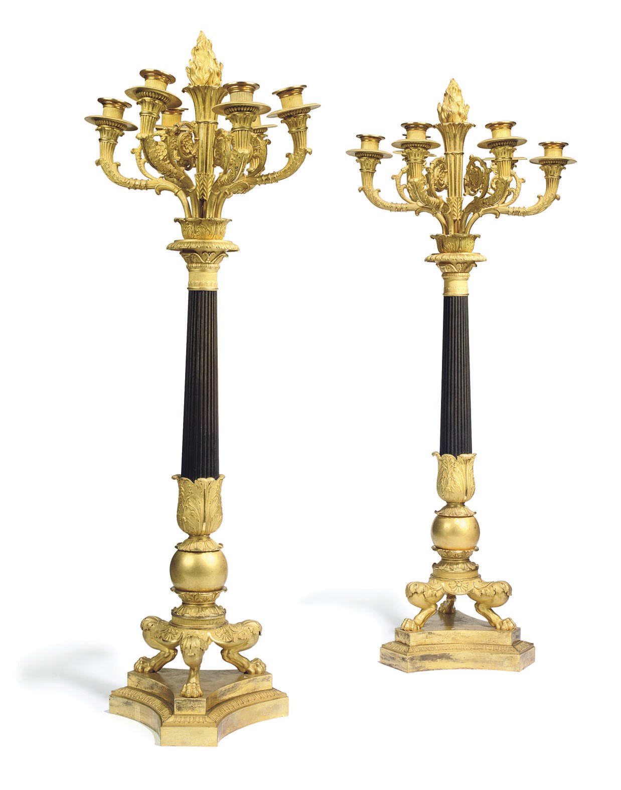 A PAIR OF FRENCH ORMOLU AND PATINATED BRONZE SIX-LIGHT CANDELABRA