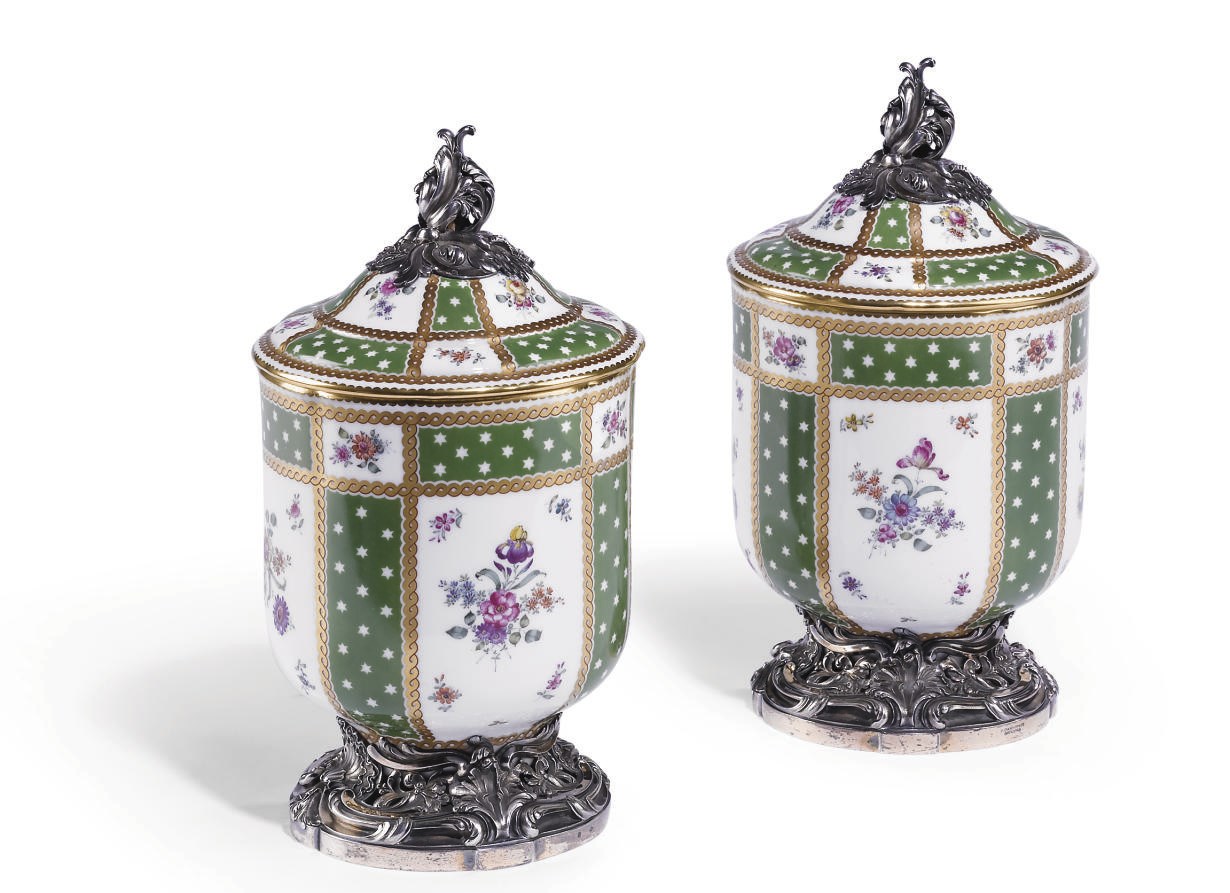 A PAIR OF FRENCH SILVER-MOUNTED LIMOGES CACHE-POTS AND COVERS