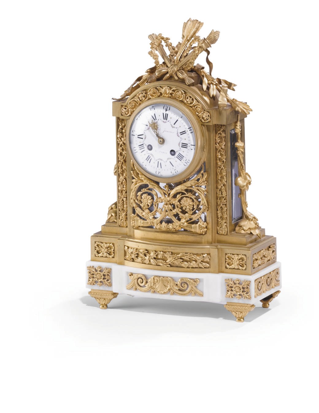 A FRENCH ORMOLU AND CARRARA MARBLE MANTEL CLOCK