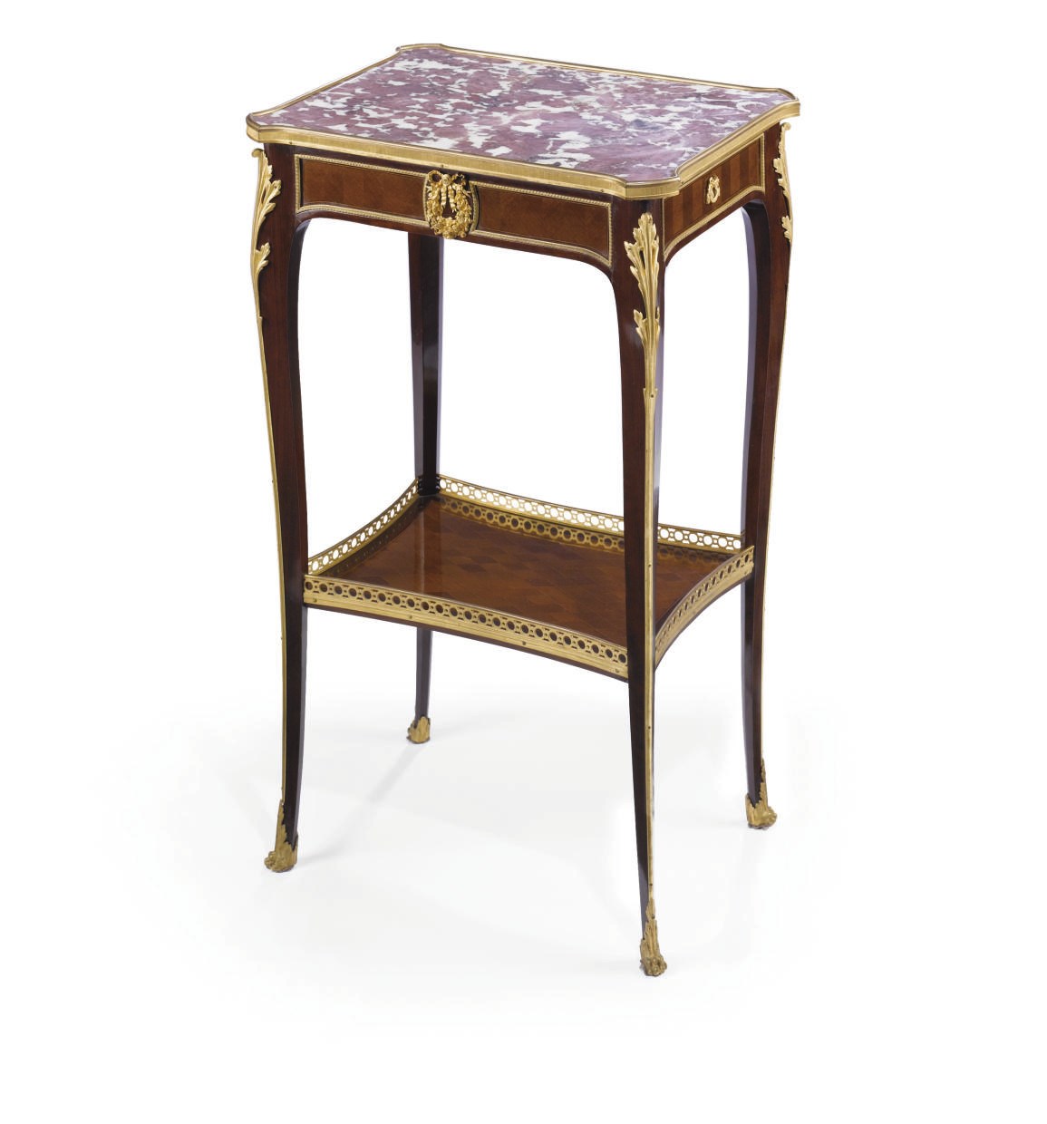 A FRENCH ORMOLU-MOUNTED MAHOGANY, AMARANTH AND PARQUETRY MARBLE-TOPPED OCCASIONAL TABLE