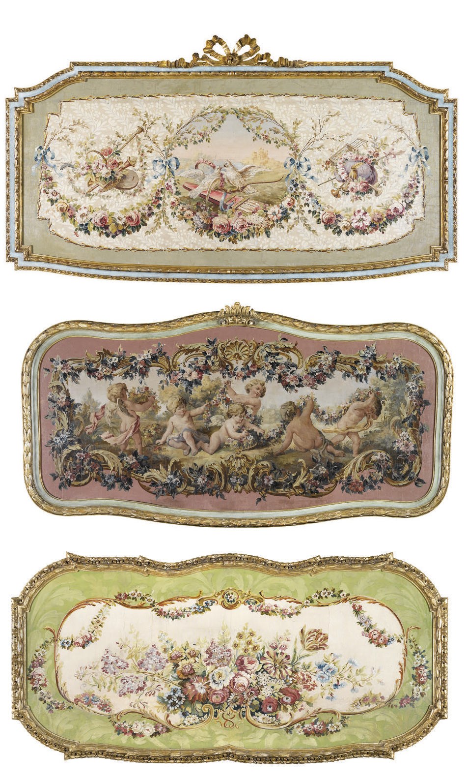 THREE FRENCH FRAMED PAINTED TAPESTRY CARTOONS