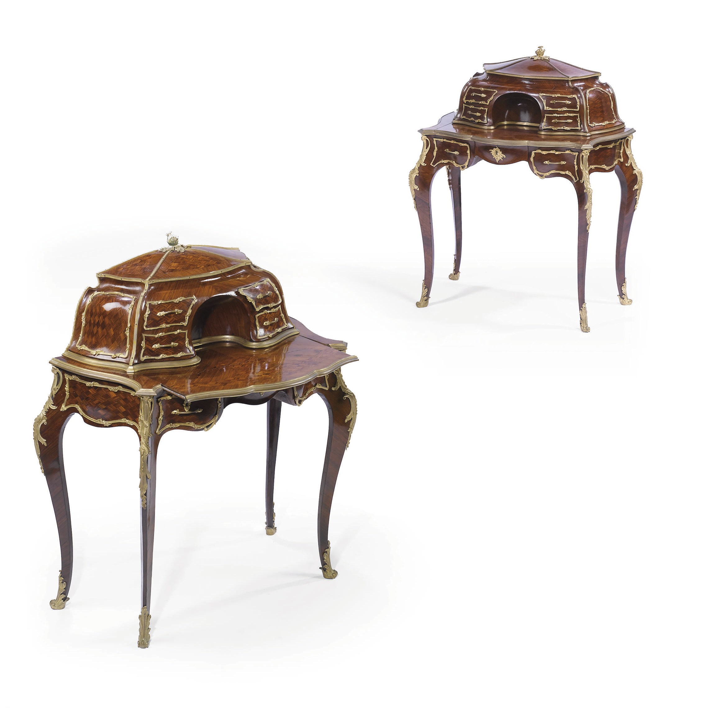 A MATCHED PAIR OF FRENCH ORMOLU-MOUNTED TULIPWOOD, MAHOGANY AND PARQUETRY BONHEURS-DU-JOUR