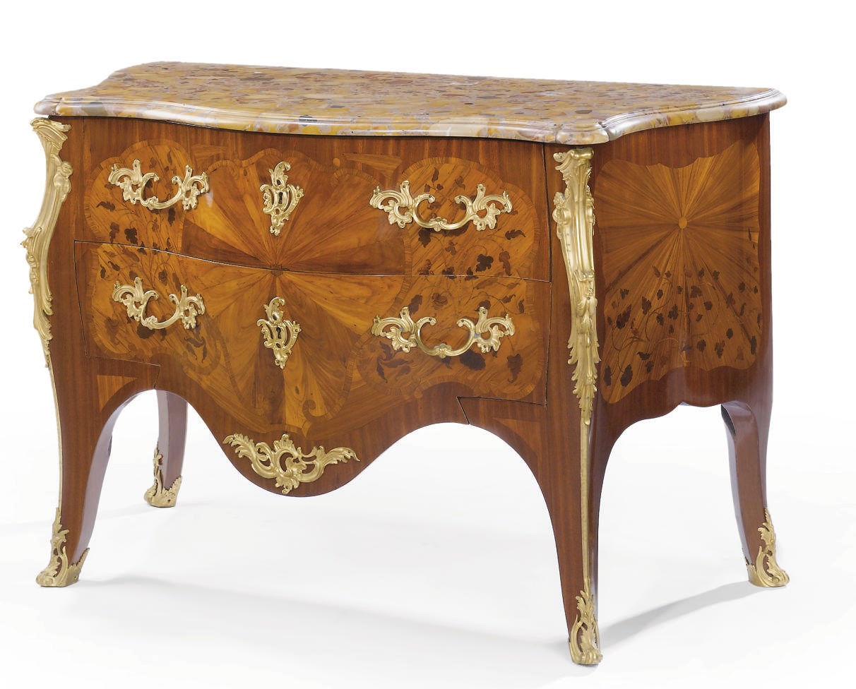 A FRENCH ORMOLU-MOUNTED MAHOGANY, SATINE AND MARQUETRY BOMBE COMMODE