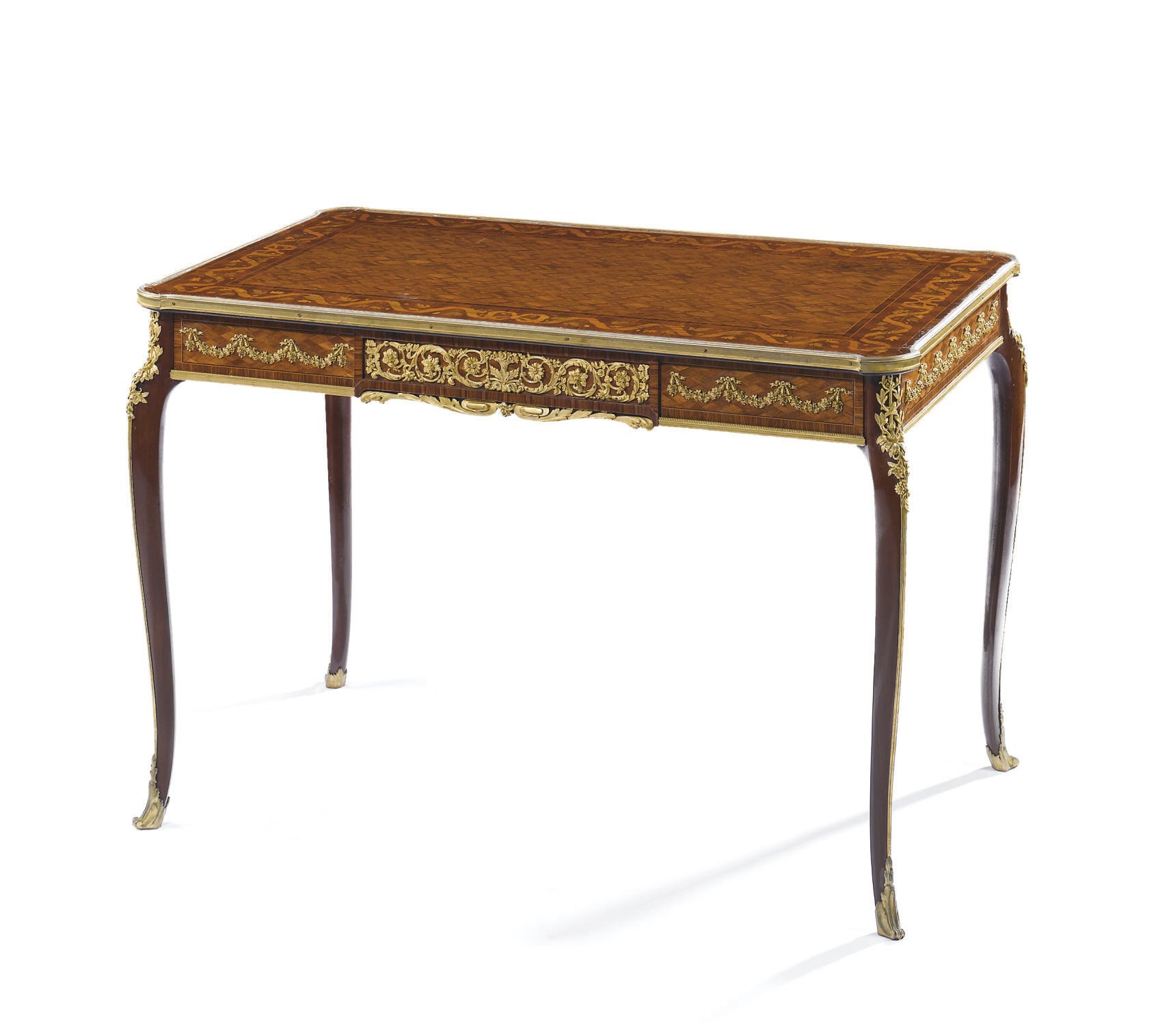 A FRENCH ORMOLU-MOUNTED TULIPWOOD AND SATINE MARQUETRY AND PARQUETRY CENTRE-TABLE
