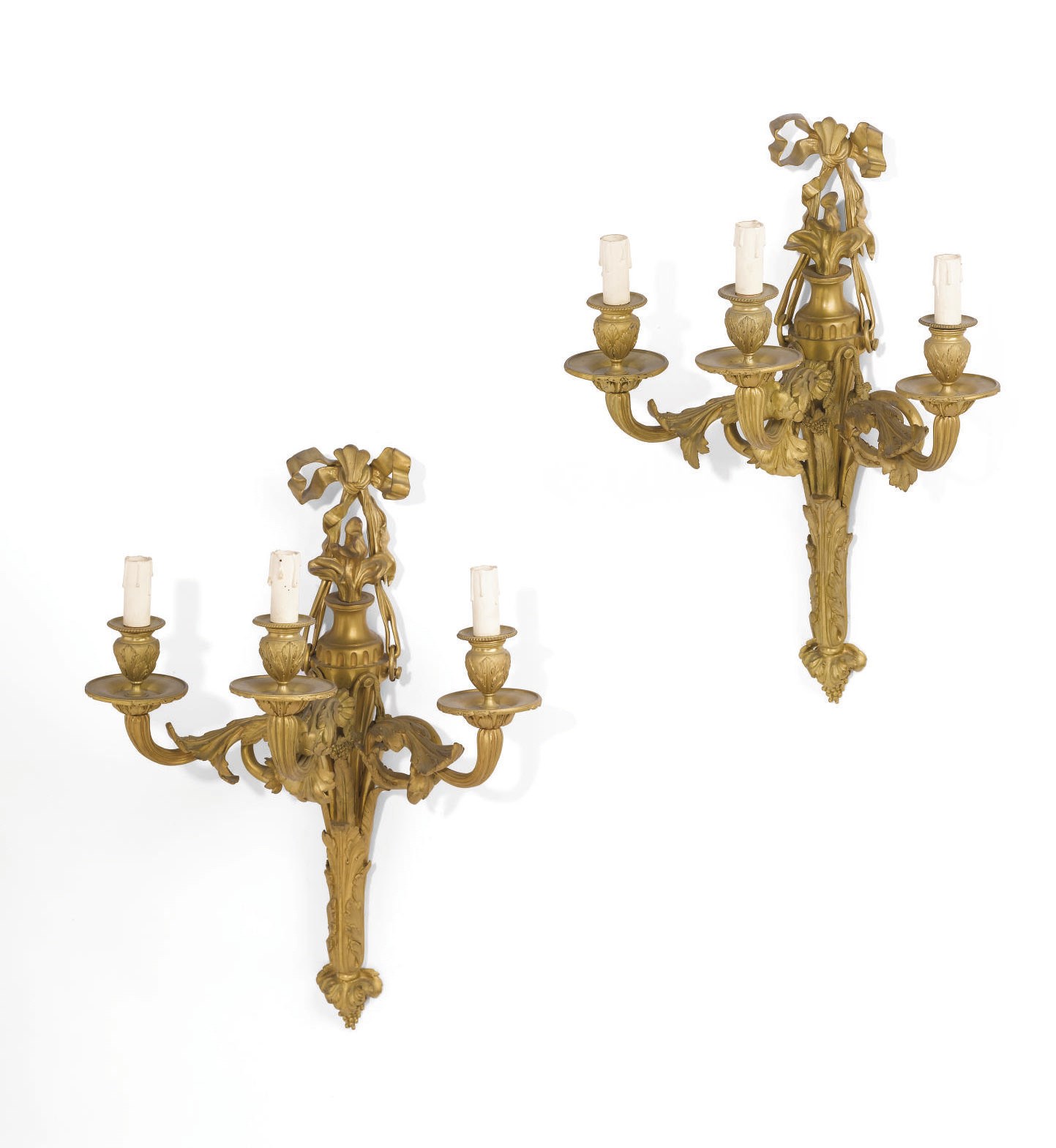 A PAIR OF FRENCH ORMOLU THREE-LIGHT WALL APPLIQUES