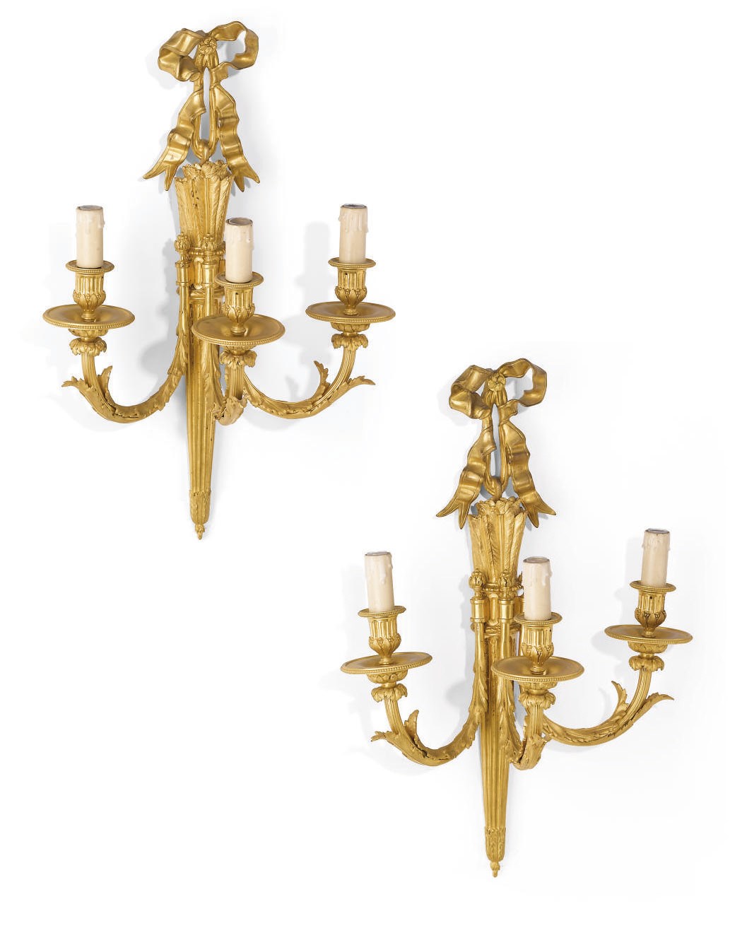 A PAIR OF FRENCH ORMOLU THREE-LIGHT WALL APPLIQUES
