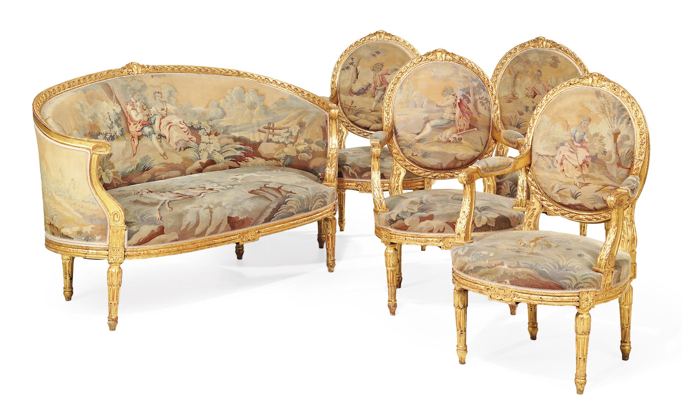 A FRENCH GILTWOOD AND AUBUSSON FIVE-PIECE SALON SUITE