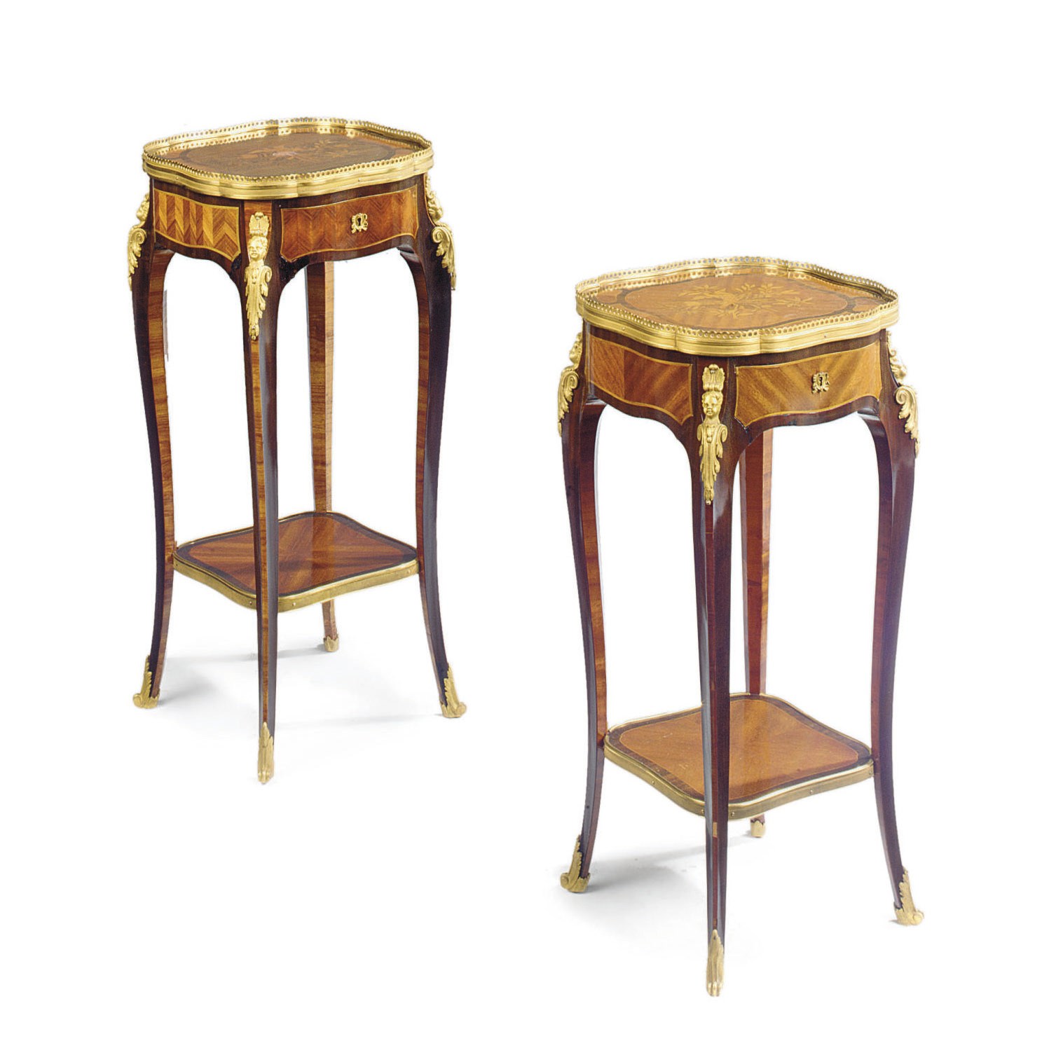 A PAIR OF FRENCH ORMOLU-MOUNTED TULIPWOOD, MAHOGANY AND MARQUETRY OCCASIONAL TABLES