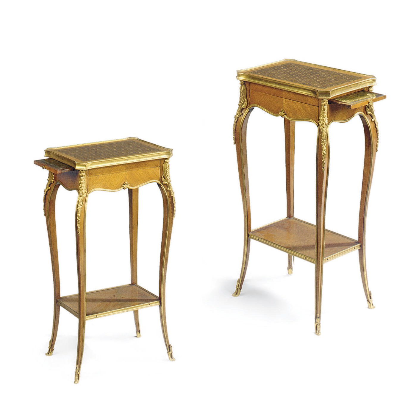 A PAIR OF FRENCH ORMOLU-MOUNTED TULIPWOOD AND WALNUT PARQUETRY OCCASIONAL TABLES