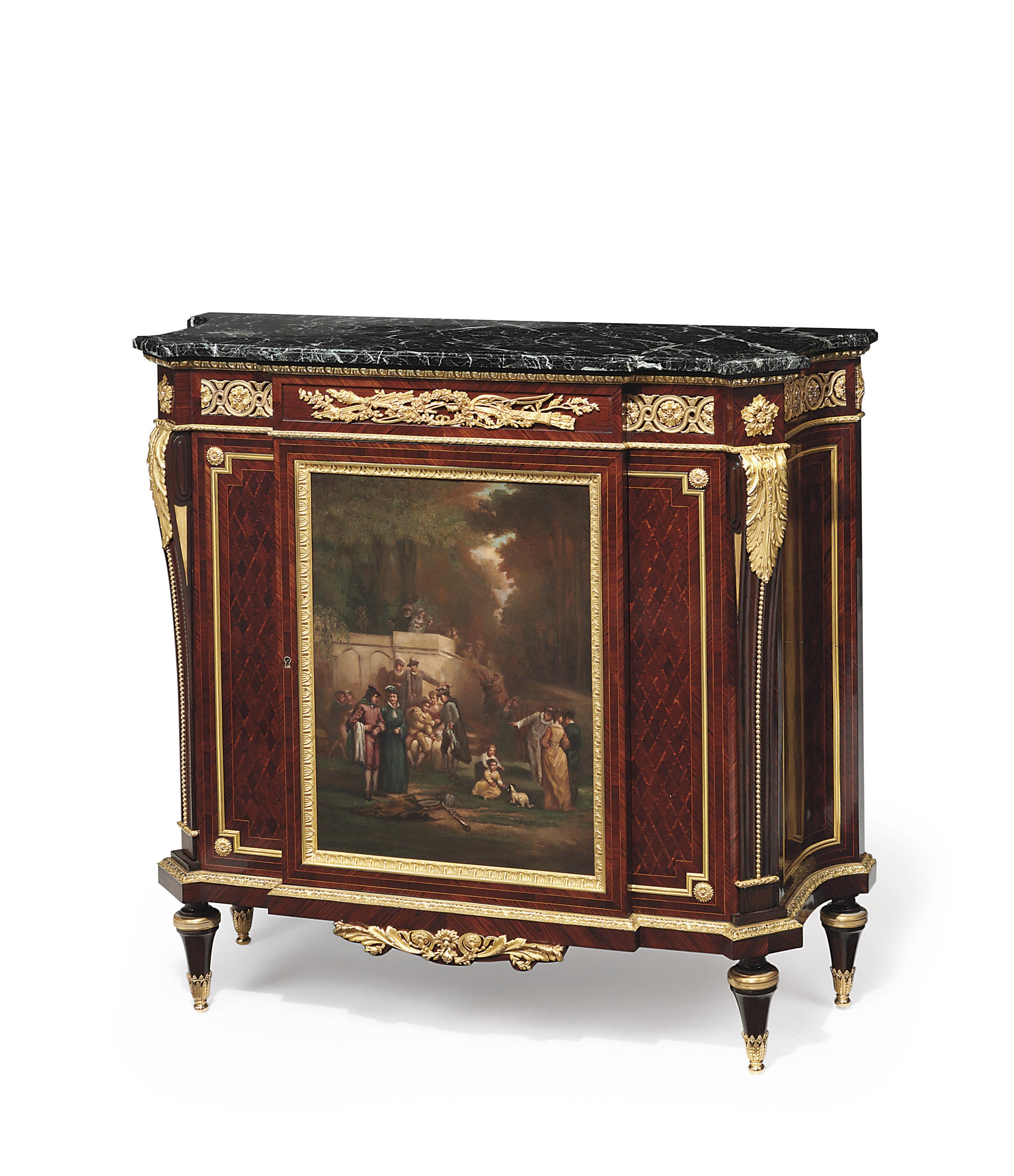 A FRENCH ORMOLU-MOUNTED KINGWOOD, AMARANTH, PARQUETRY AND VERNIS MARTIN MEUBLE D'APPUI