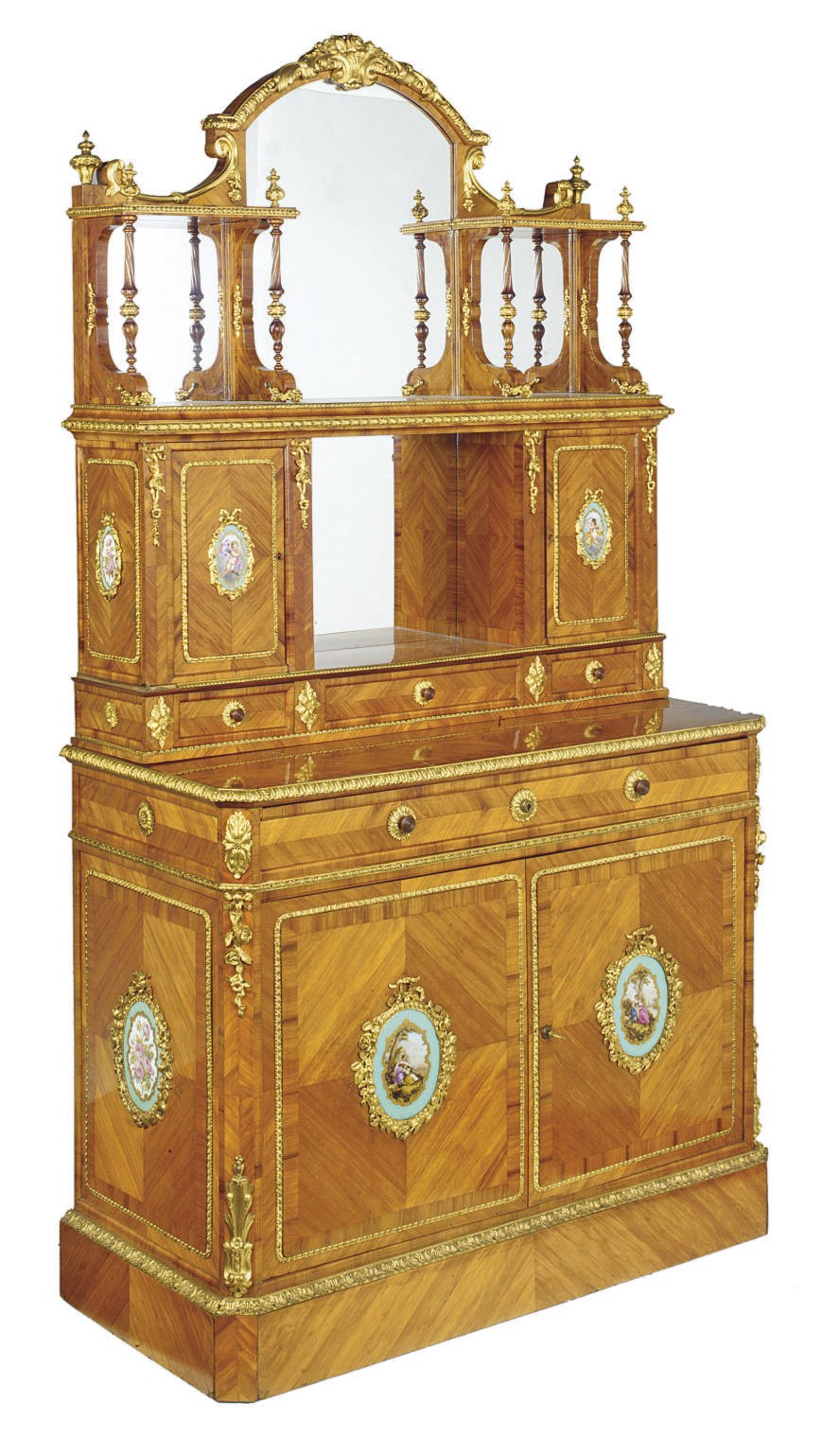 A FRENCH ORMOLU AND SEVRES STYLE PORCELAIN-MOUNTED TULIPWOOD BONHEUR-DU-JOUR