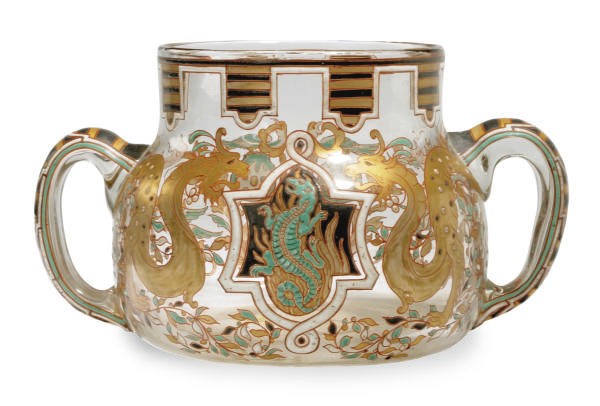A FRENCH ENAMELED AND GILT TWO-HANDLED VASE,