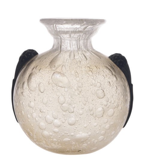 A FRENCH MOTTLED GLASS VASE WITH APPLIED DECORATION,
