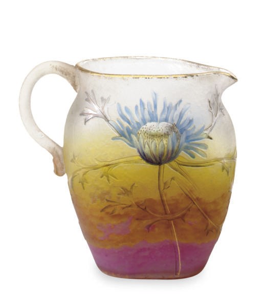 A FRENCH ENAMELED GLASS THISTLE PITCHER,