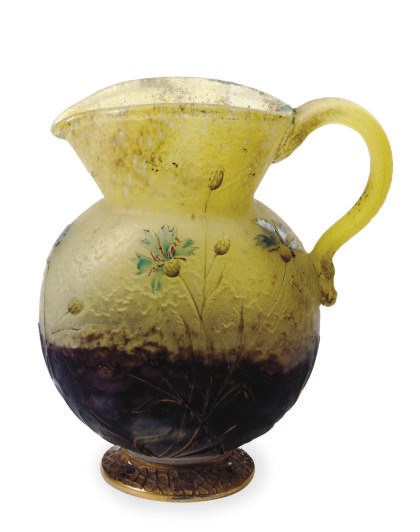 A FRENCH ETCHED AND ENAMELED GLASS EWER,