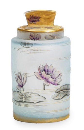 A FRENCH ENAMELED AND GILT CAMEO GLASS COVERED JAR,