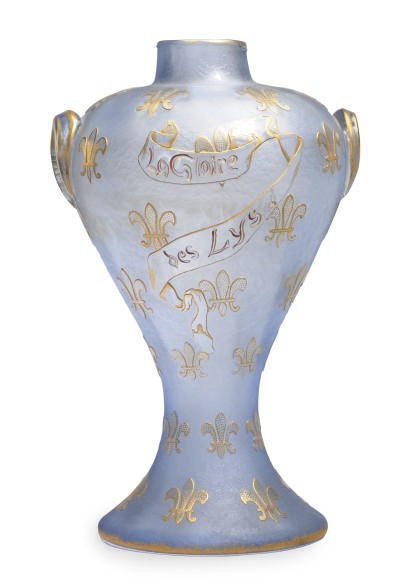A FRENCH GILT AND ETCHED GLASS VASE,
