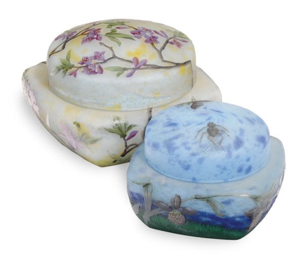 TWO FRENCH ETCHED AND ENAMELED BOXES AND COVERS,