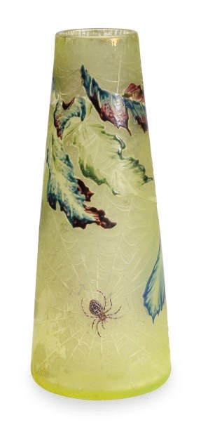 A FRENCH GLASS ETCHED AND ENAMELED VASE,