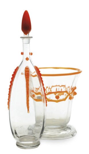 A FRENCH GLASS DECANTER AND STOPPER WITH APPLIED DECORATION AND A FOOTED BOWL WITH APPLIED DECORATION,