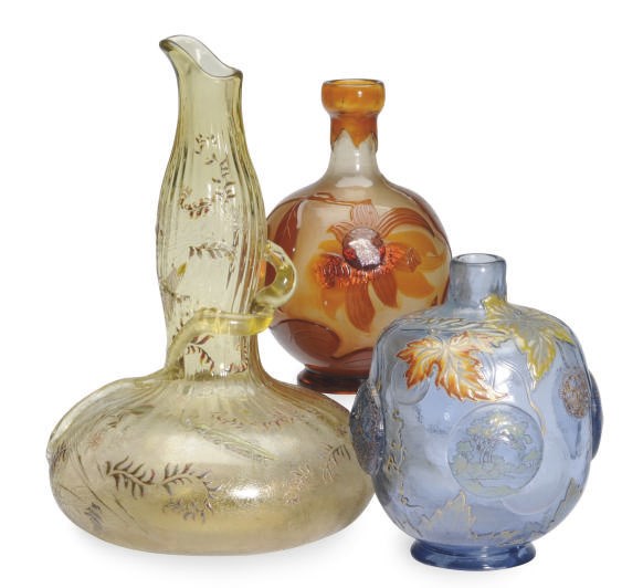 THREE FRENCH ENAMELED GLASS TABLE ARTICLES,
