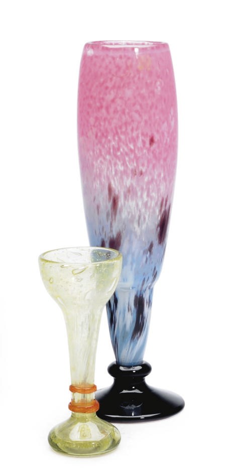 TWO FRENCH GLASS INTERNALLY DECORATED VASES,