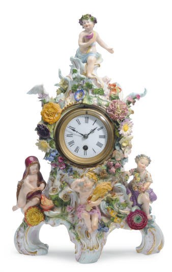 A GERMAN (OUTSIDE-DECORATED) FLOWER-ENCRUSTED MANTEL CLOCK,