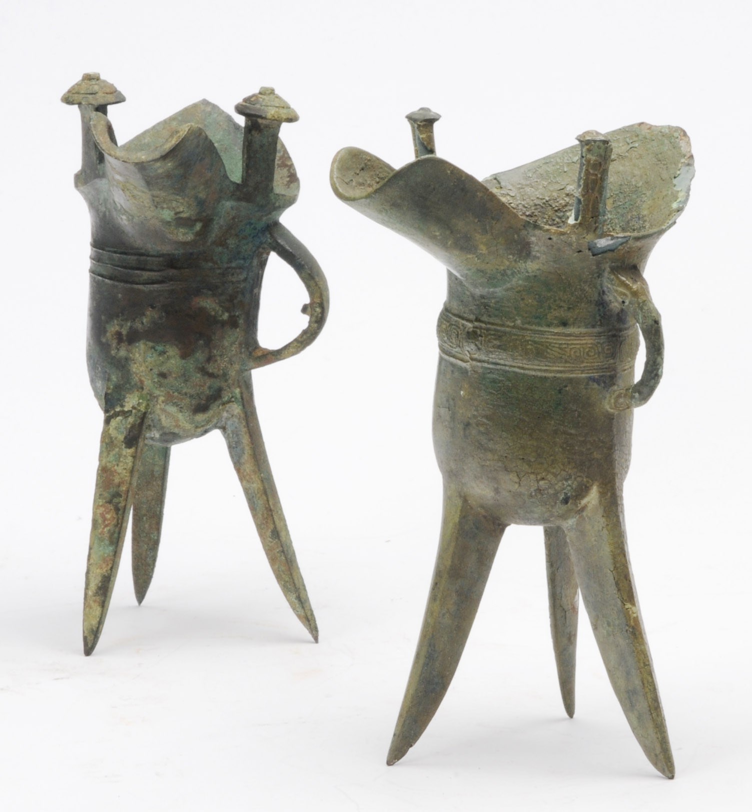TWO CHINESE ARCHAIC BRONZE RITUAL WINE VESSELS, JUE,