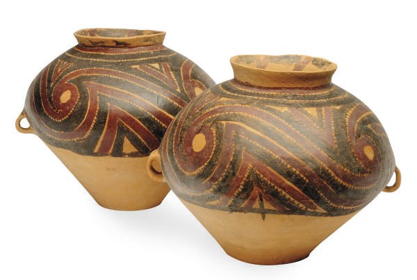 TWO CHINESE PAINTED RED POTTERY JARS,