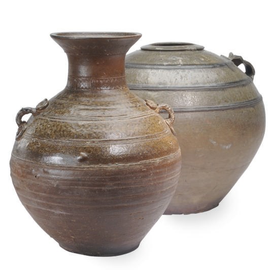 A CHINESE ASH- GLAZED 'PROTO- PORCELAIN' GLAZED JAR, HU, AND AN OVOID JAR,