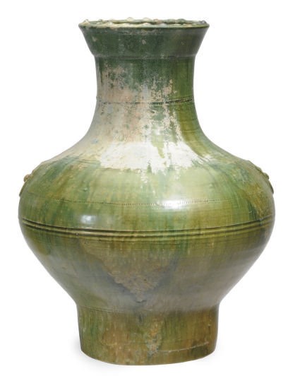 A CHINESE LARGE GREEN-GLAZED POTTERY STORAGE JAR, HU,